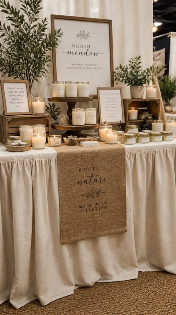 Craft fair vendor table with textured linen floor-length table skirt in natural cream layered with burlap table runner, candles and products styled on top