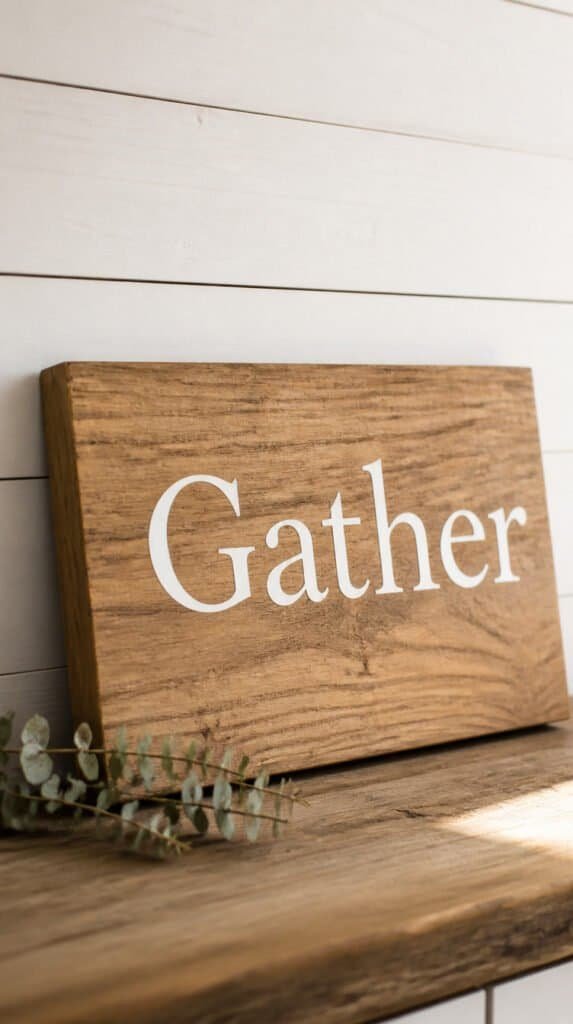 Custom wood sign with white vinyl lettering reading Gather leaning against white shiplap wall with dried eucalyptus sprig