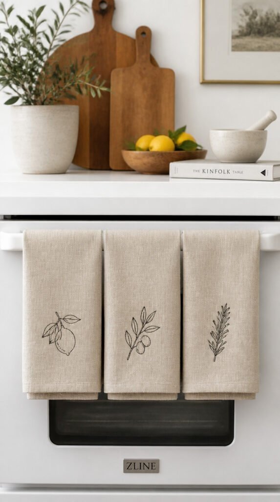 Set of three natural linen kitchen towels displayed on an oven handle and shelf each with a minimal black iron-on botanical drawing in bright clean kitchen light
