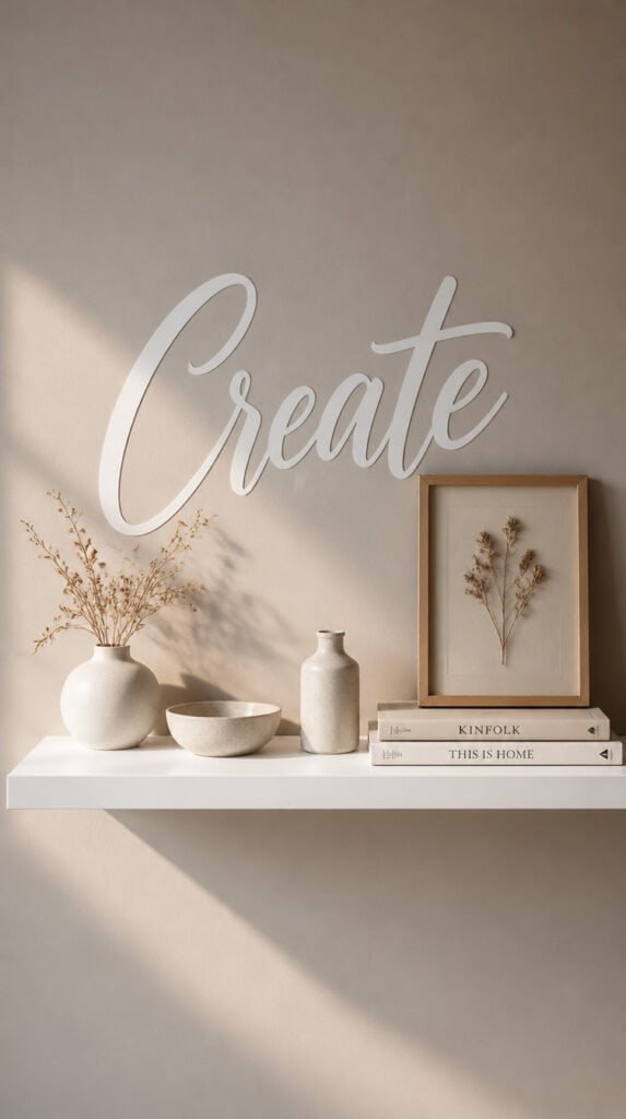 White floating shelf on a wall with the word Create in large vinyl lettering behind it decorated with ceramic vessels a framed botanical and a stack of books