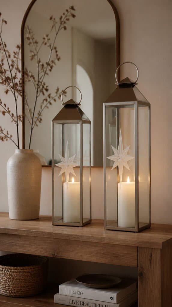 Pair of tall clear glass lanterns on a wood console table with frosted vinyl geometric star decals and pillar candles glowing inside casting warm light