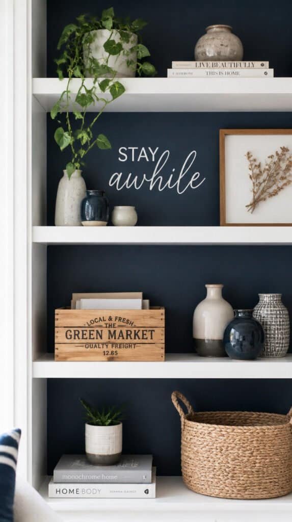 Beautifully styled white floating bookshelf with navy painted back panel and white vinyl word art with ceramic vessels framed botanical and trailing plant