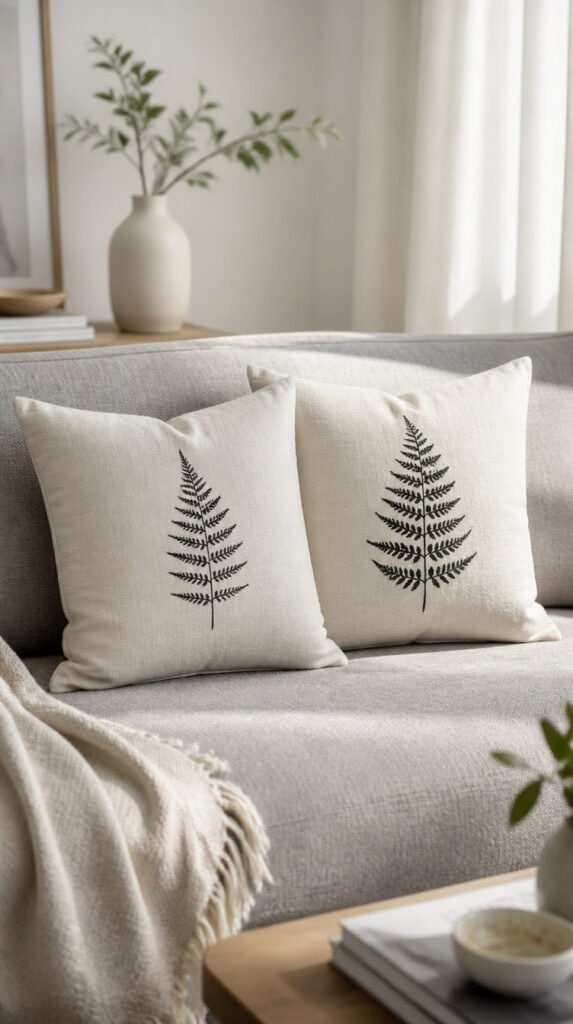 Two cream linen throw pillows on a gray sofa each with a minimal black iron-on botanical fern leaf design in soft afternoon light