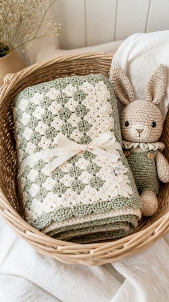 Soft pastel crochet baby blanket in sage green and cream folded in wicker basket with knitted stuffed rabbit on white linen