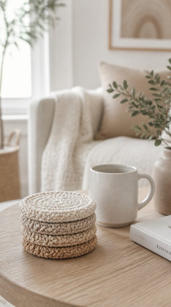 Set of four handmade crochet coasters in neutral cream and beige tones stacked on oak coffee table beside white ceramic mug
