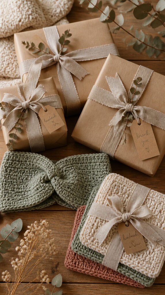 Styled gift display of wrapped crochet items in kraft paper with linen ribbon on natural wood surface with dried eucalyptus sprigs