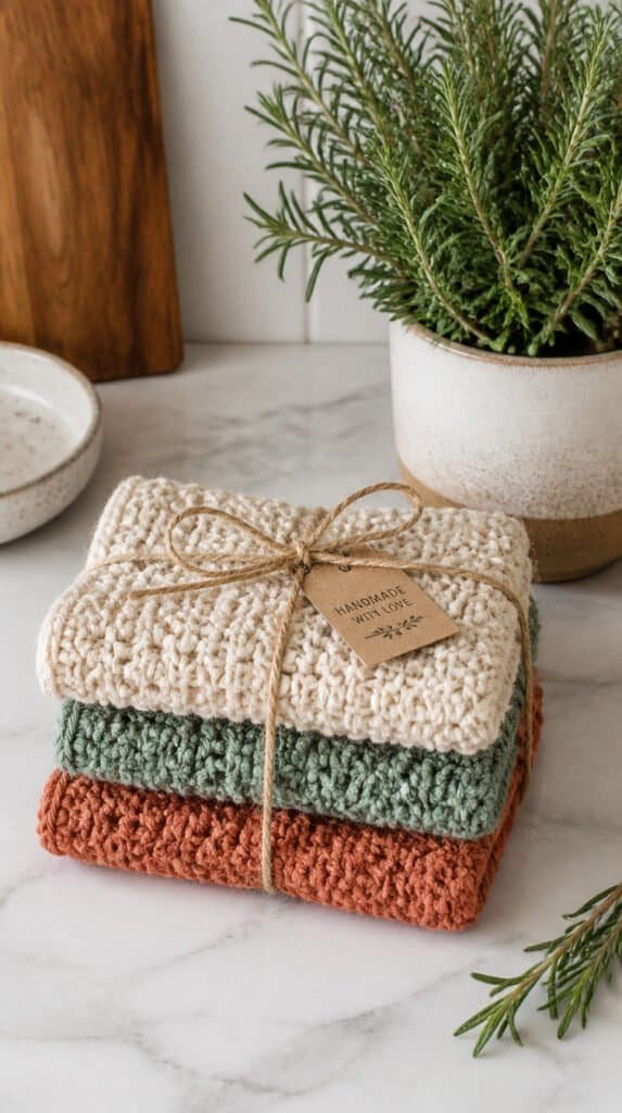 Stack of handmade cotton crochet dishcloths in earth tones tied with kitchen twine beside a potted herb on marble counter. crochet gift ideas
