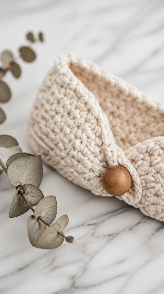 Stack of handmade cotton crochet dishcloths in earth tones tied with kitchen twine beside a potted herb on marble counter