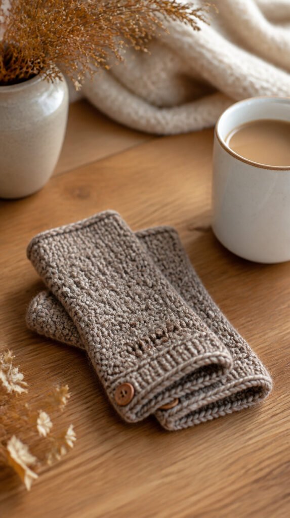 Pair of taupe fingerless crochet gloves folded on natural wood surface beside white ceramic mug in warm morning light
