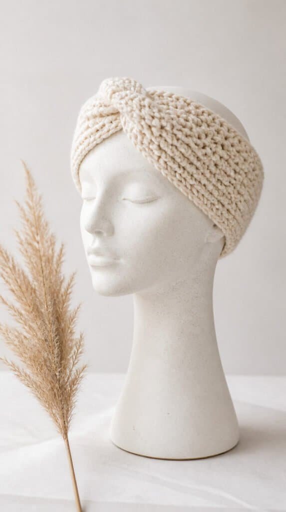 Chunky cream crochet headband on white ceramic head bust with dried pampas grass stem, clean boho editorial photography