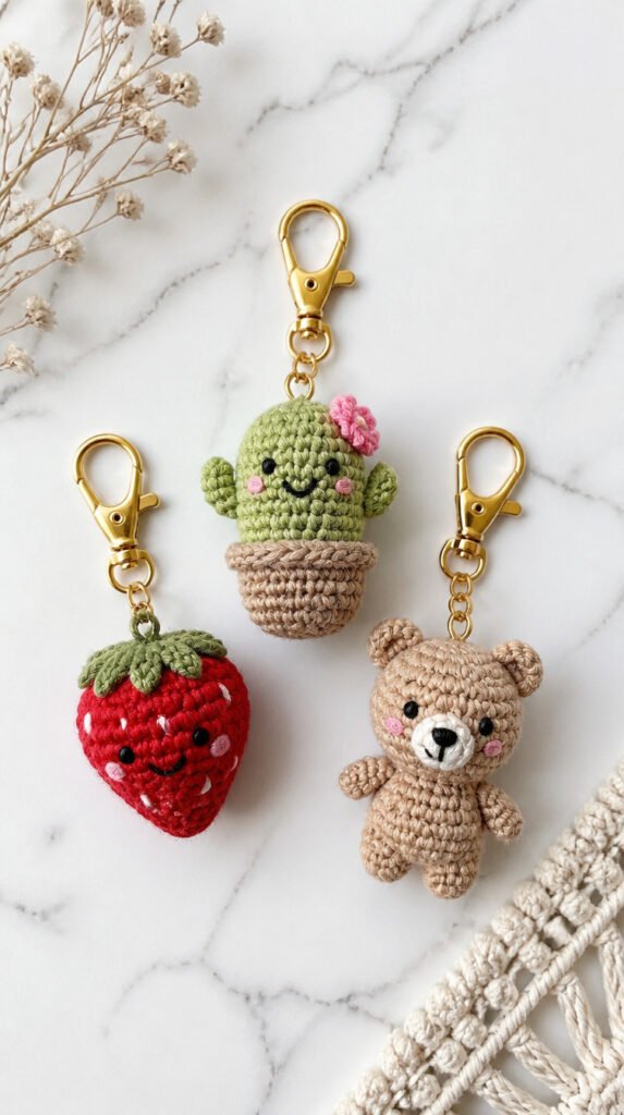 Flat lay of three small amigurumi crochet keychains in cactus, strawberry, and bear shapes with gold clasp hardware on white marble