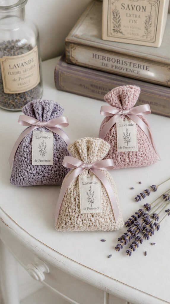 Three small crocheted lavender sachets in linen and blush tones with satin ribbon on white dresser with dried lavender sprig