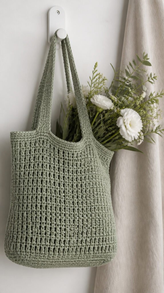 Sage green crocheted cotton rope market tote bag hanging on white wall hook with white flowers peeking out