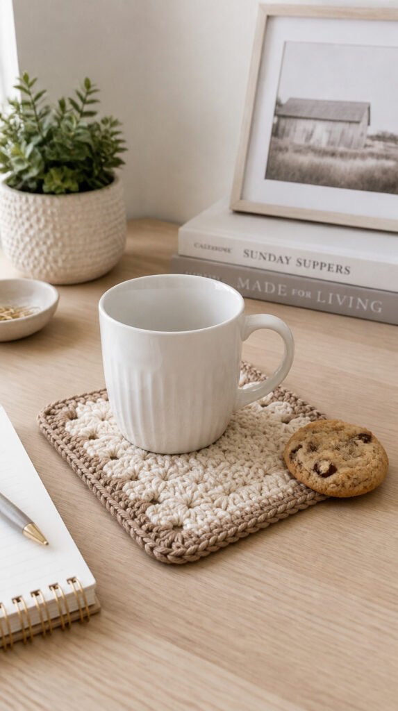 Handmade crochet mug rug in neutral farmhouse tones on light wood desk with white ceramic mug and cookie in natural window light