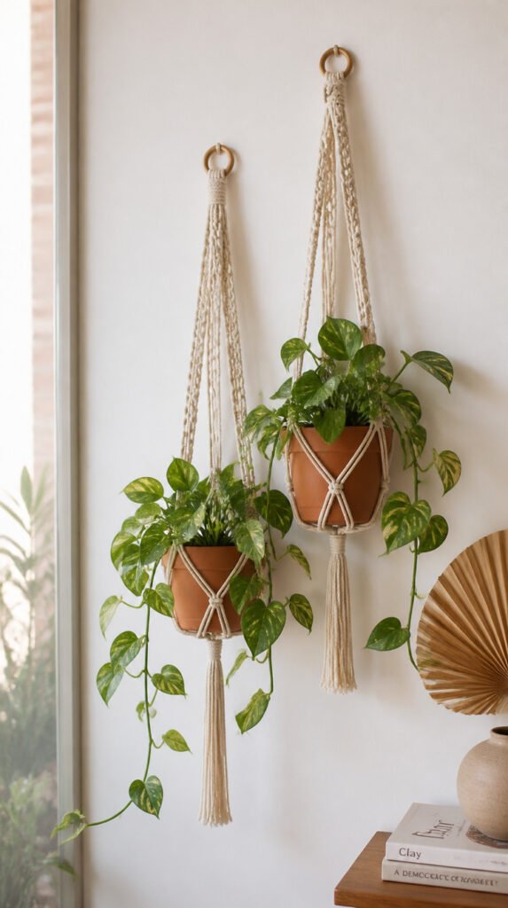 Two crocheted cotton rope plant hangers holding terracotta pots with trailing pothos plants on white wall in natural light