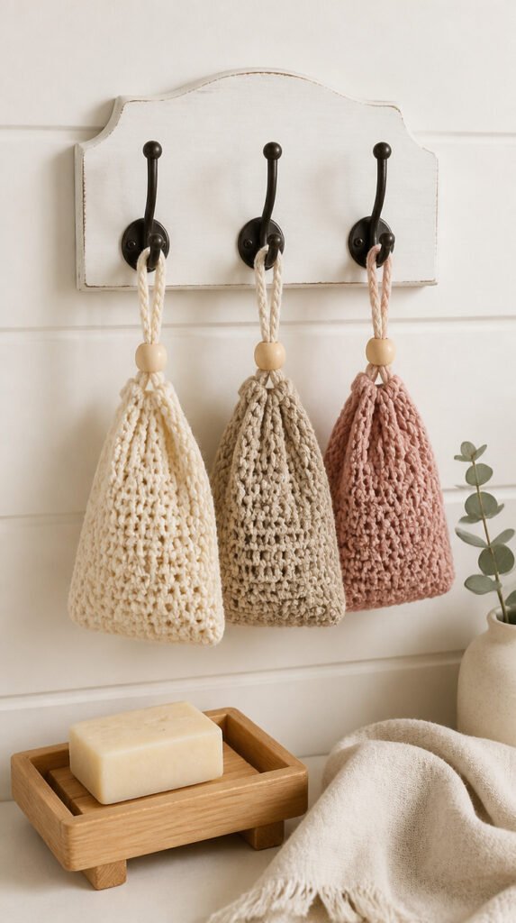 Three crocheted cotton soap saver bags in cream, oatmeal, and dusty rose near a farmhouse bathroom hook with wood soap dish