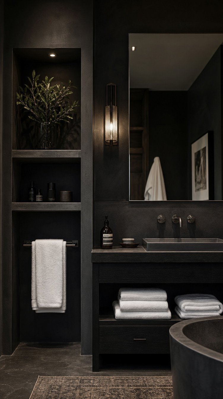 Dark minimalist bathroom with charcoal walls, chrome fixtures, large mirror, and white towels