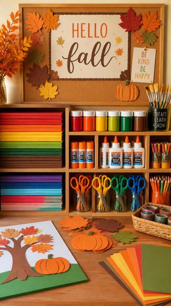 Organized fall bulletin board ideas supply station with colorful construction paper paint brushes and glue on craft table