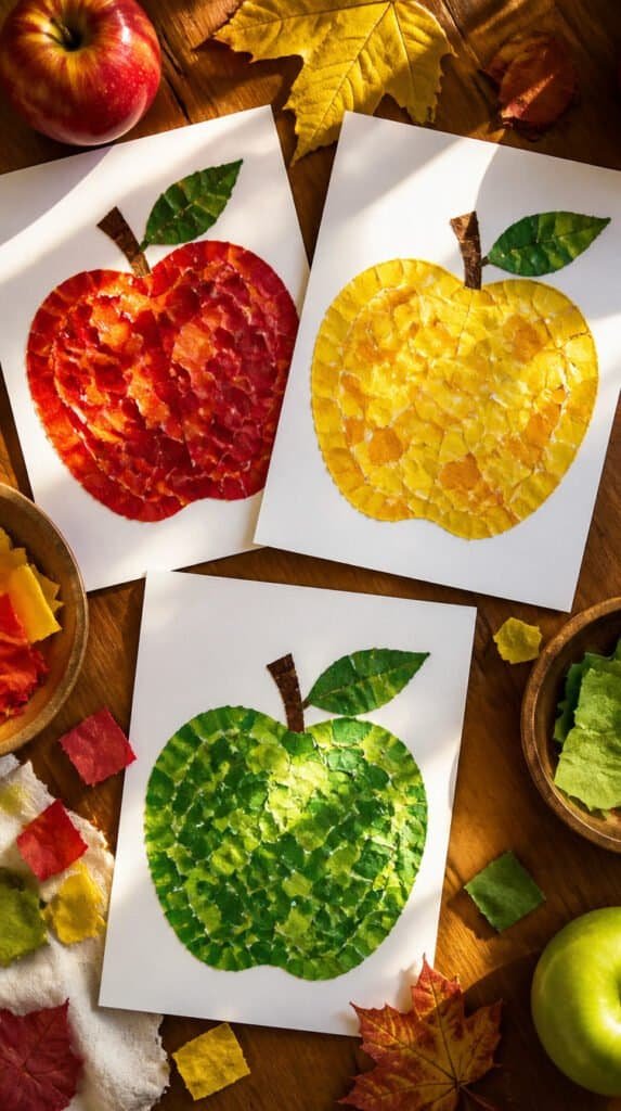 Vibrant apple mosaics made from torn tissue paper in red yellow and green creating stained glass effect on white cardstock