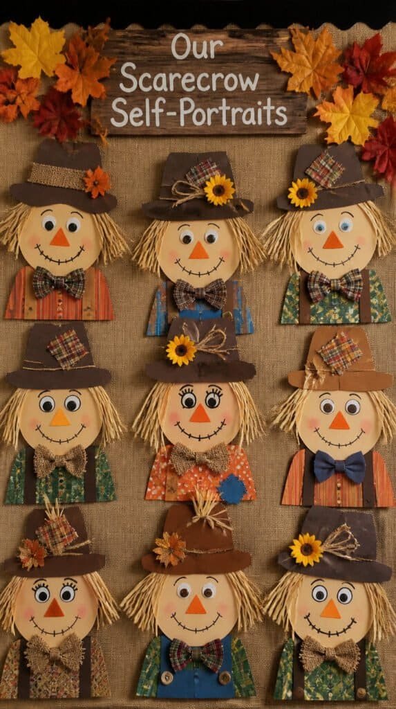 Paper scarecrow self-portrait crafts with raffia straw accents and colorful fabric scraps on fall bulletin board