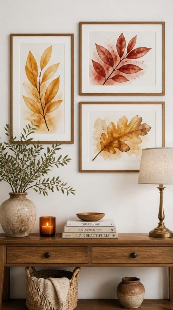 Watercolor painted leaf art in autumn tones of burnt orange red and gold in a simple frame on a white wall