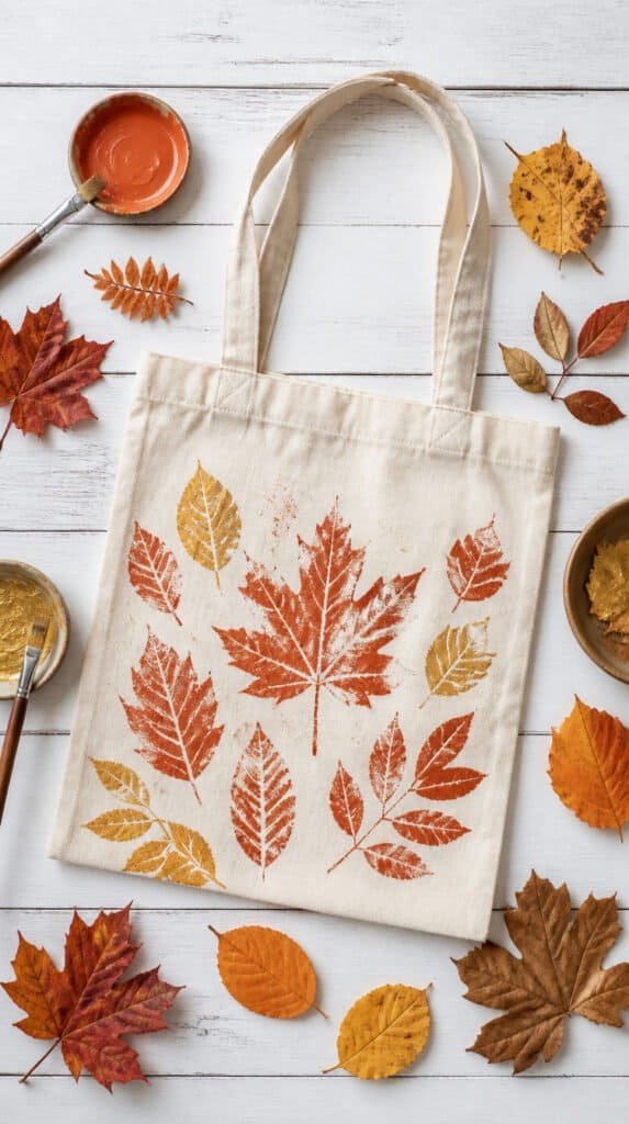 Canvas tote bag with DIY fall leaf prints in burnt orange and gold fabric paint on a white wood surface flat lay