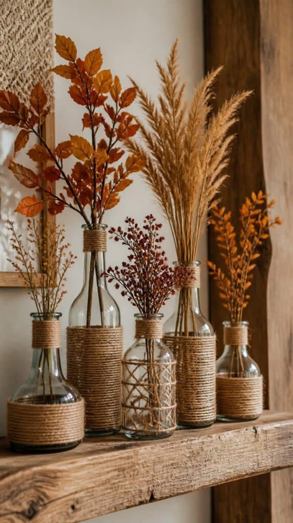 Three different sized glass vases wrapped in natural jute twine with dried stems grouped together on a shelf