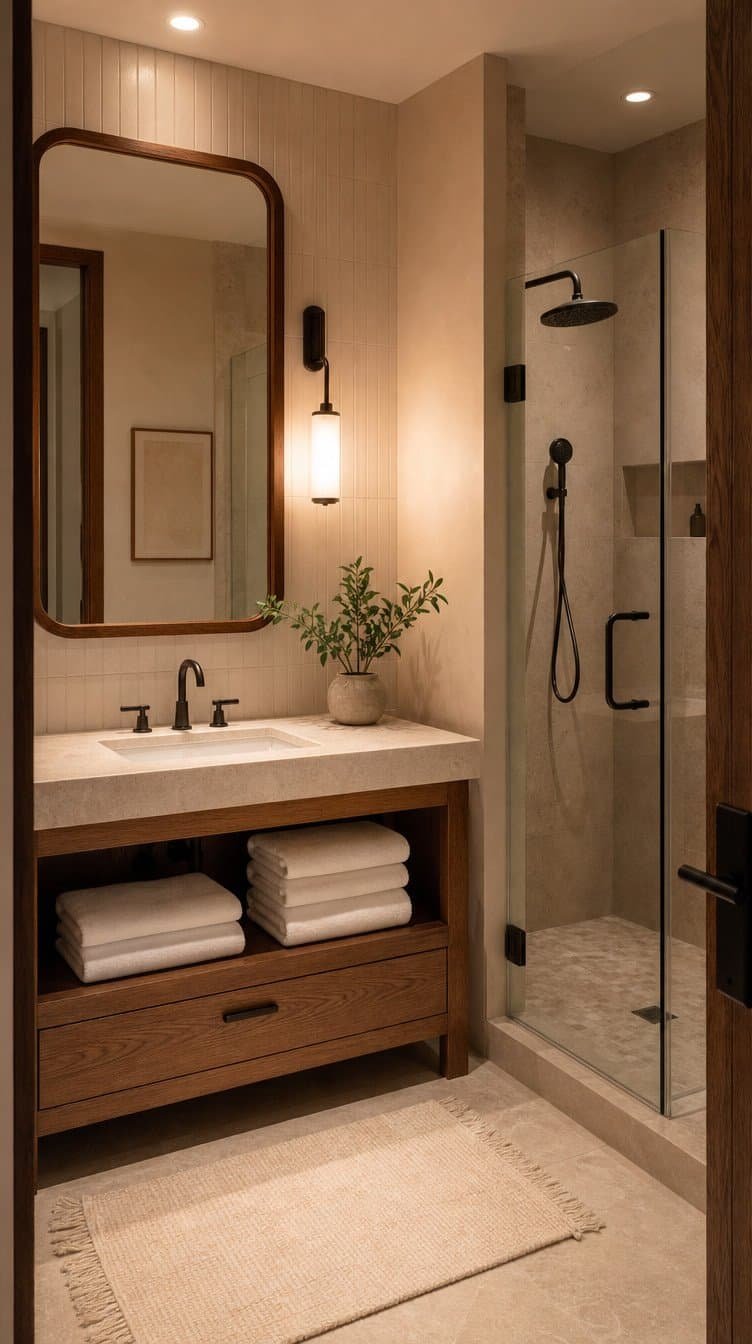 Complete serene minimalist bathroom styled like a boutique hotel with white towels, plant, and warm lighting