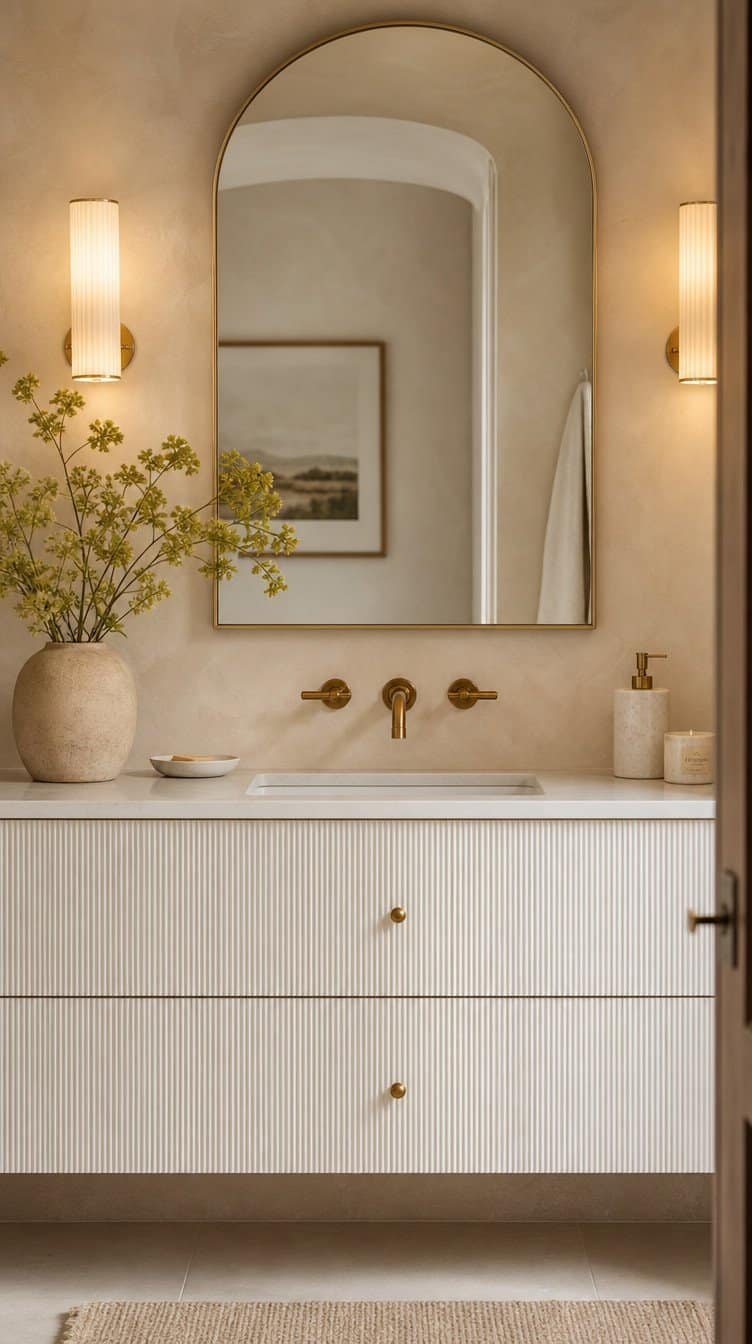 Minimalist bathroom with cream plaster walls, fluted white vanity cabinet, and arched gold mirror