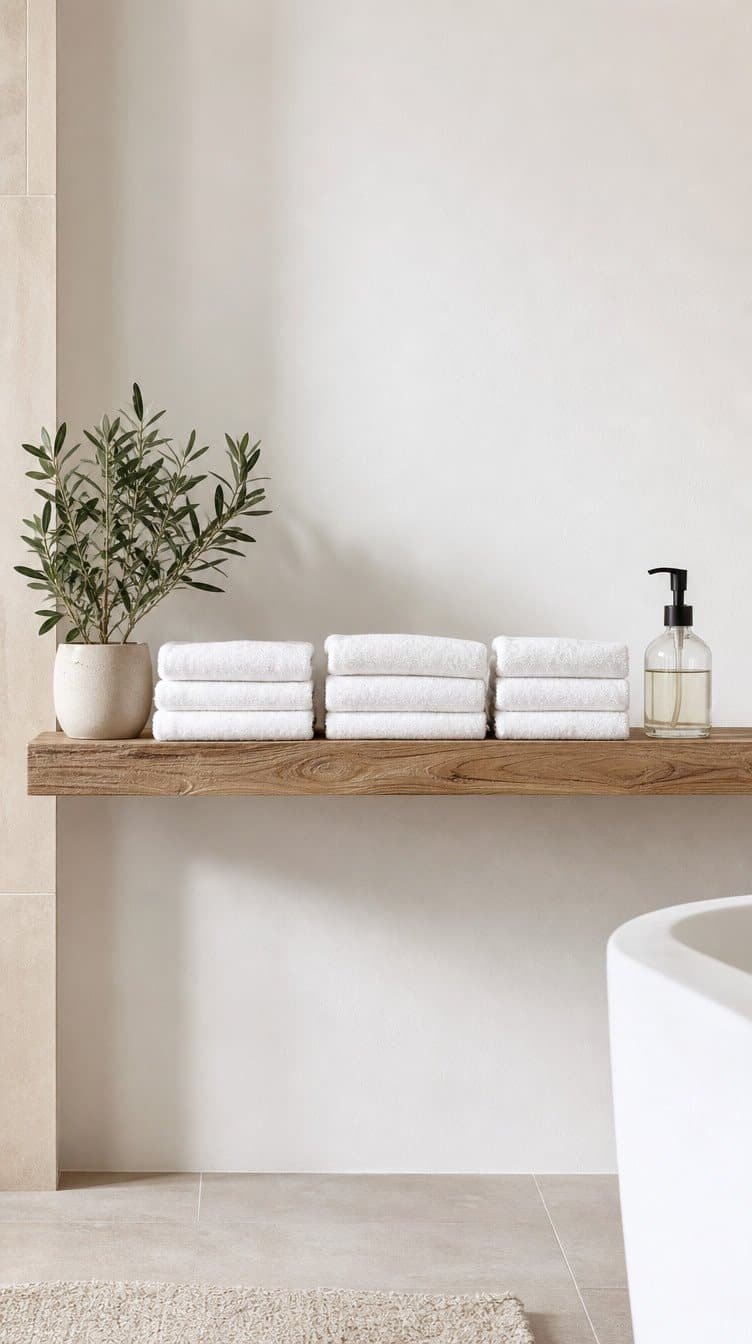 Minimalist bathroom floating wood shelf with neatly folded white towels, small plant, and glass soap dispenser