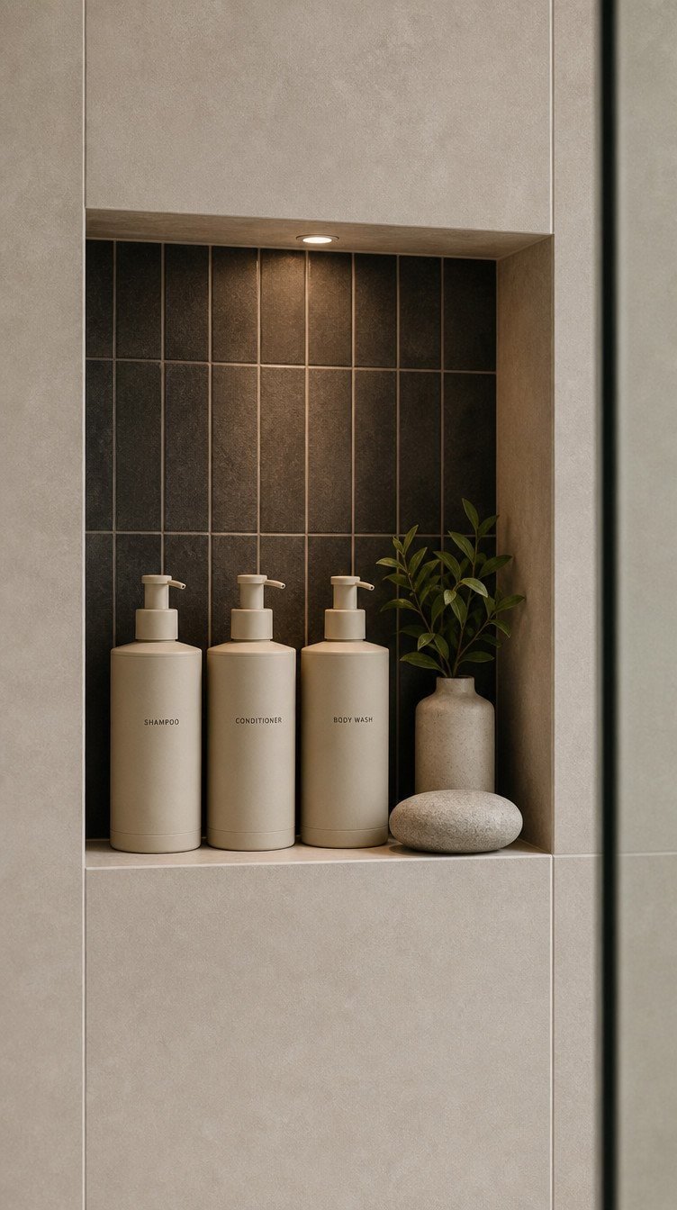 Minimalist shower niche with matching dispensers, smooth stone, and small plant styled as a design moment