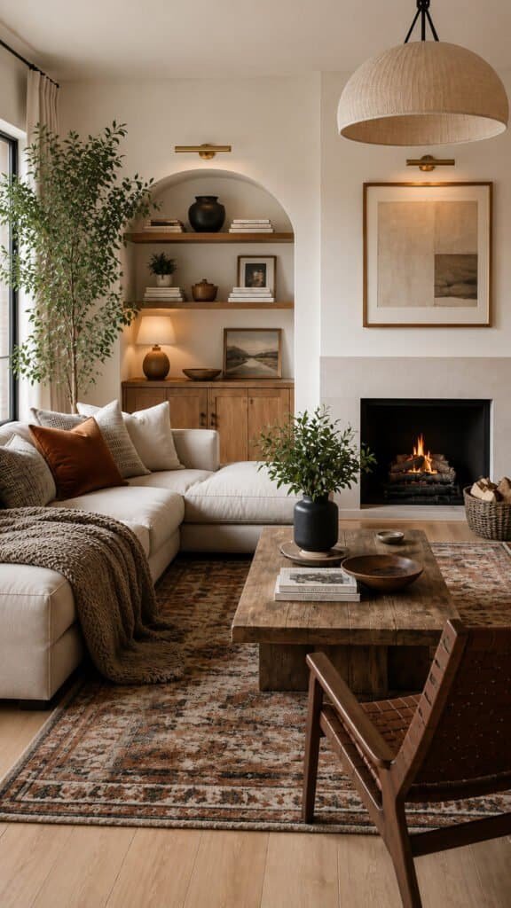 Finished cozy minimalist living room styled with warmth and texture
