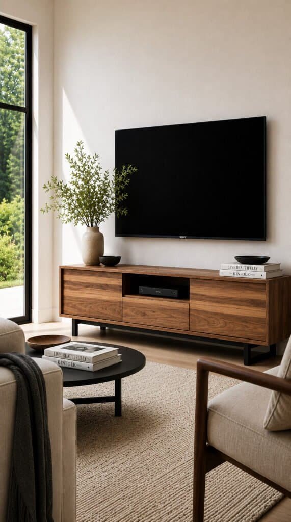 Cozy Minimalist Home ideas - Warm Wood Tone Anchor Piece