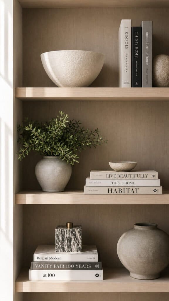Curated open shelving styled with ceramic bowl, books, and a small plant