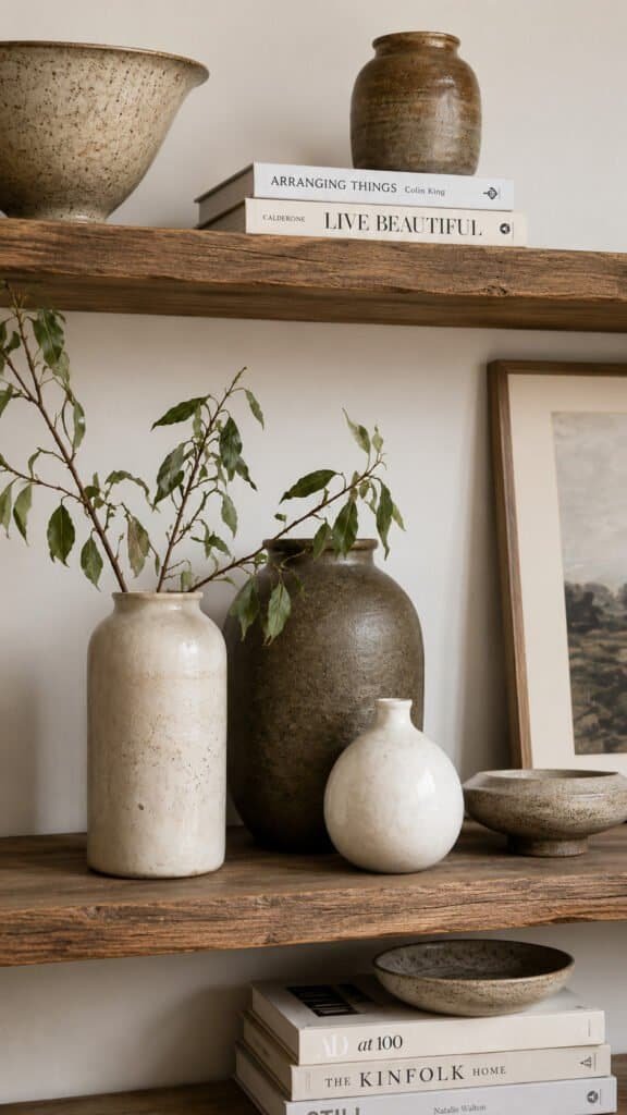 Handmade ceramic and stoneware accents styled on a minimalist shelf