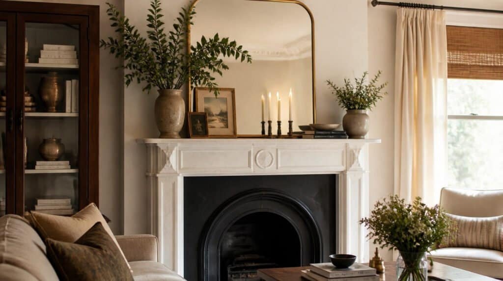 Beautifully styled fireplace mantel with layered decor and leaning mirror
