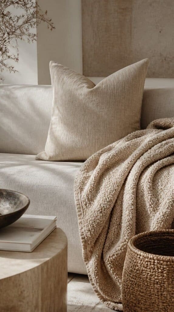 Layered natural textures with linen, boucle, and raw wood in a minimalist living room
