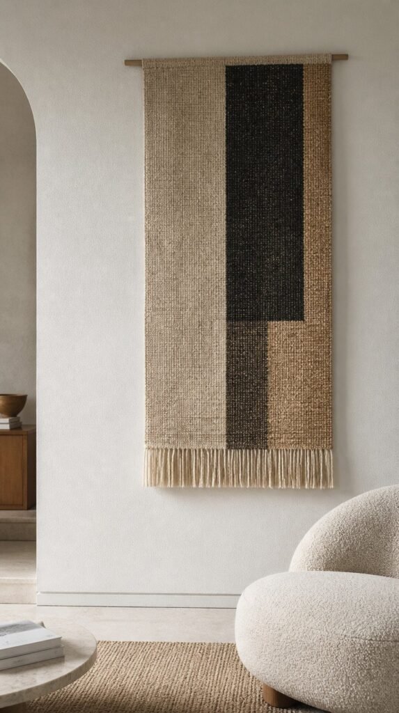 Woven wall hanging as a statement textile in a neutral minimalist room