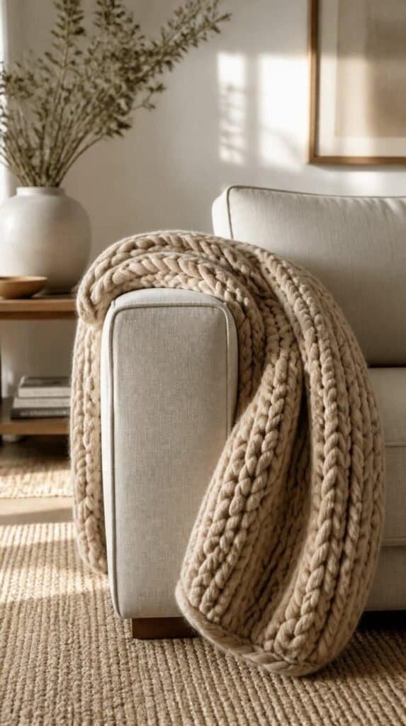 Chunky knit throw draped over a minimal neutral sofa