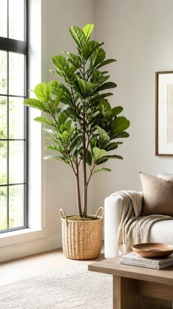 Single oversized plant filling vertical space in a cozy minimalist room