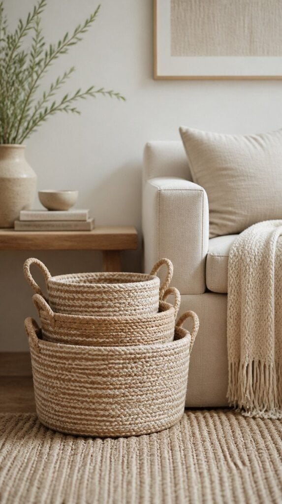 Woven storage baskets nested together for hidden clutter-free storage