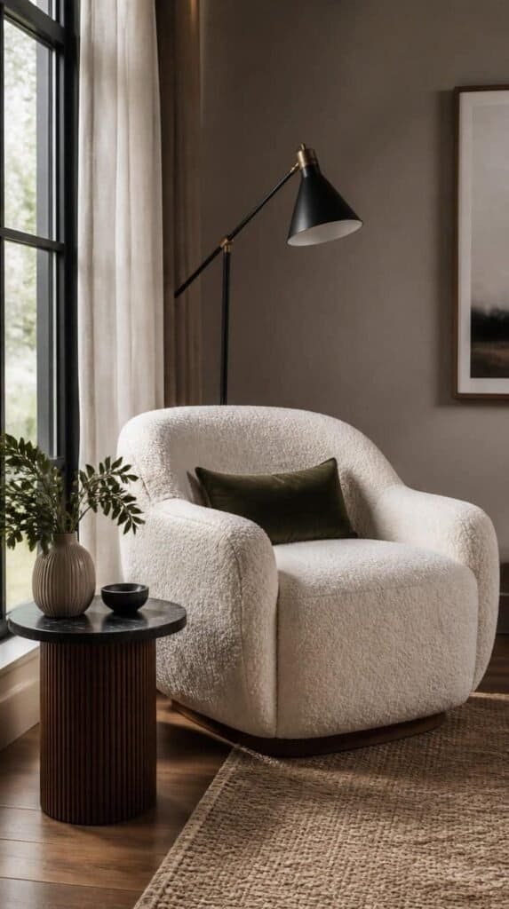Cozy reading corner with a soft boucle chair by a window