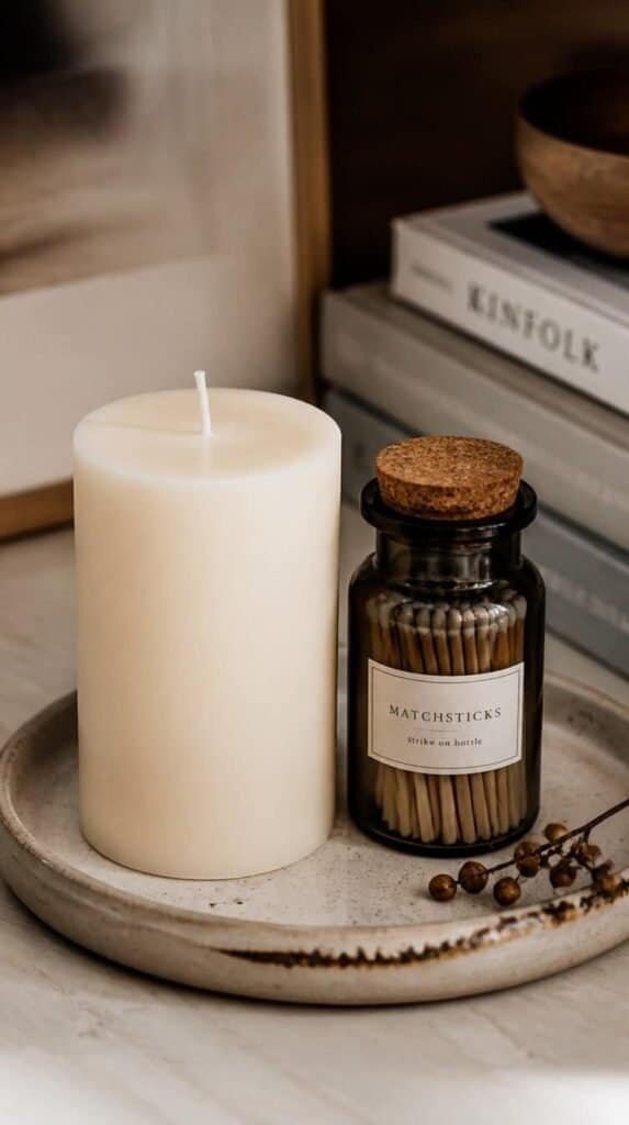 Pillar candle and matchstick jar styled on a ceramic tray
