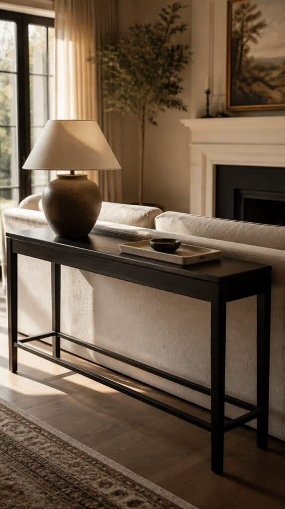 Slim console table behind a sofa marking the living zone boundary