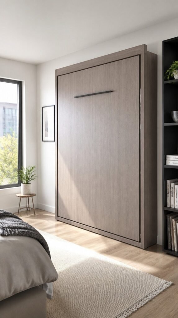 Folded wall bed frame flush against a bedroom wall in a small apartment