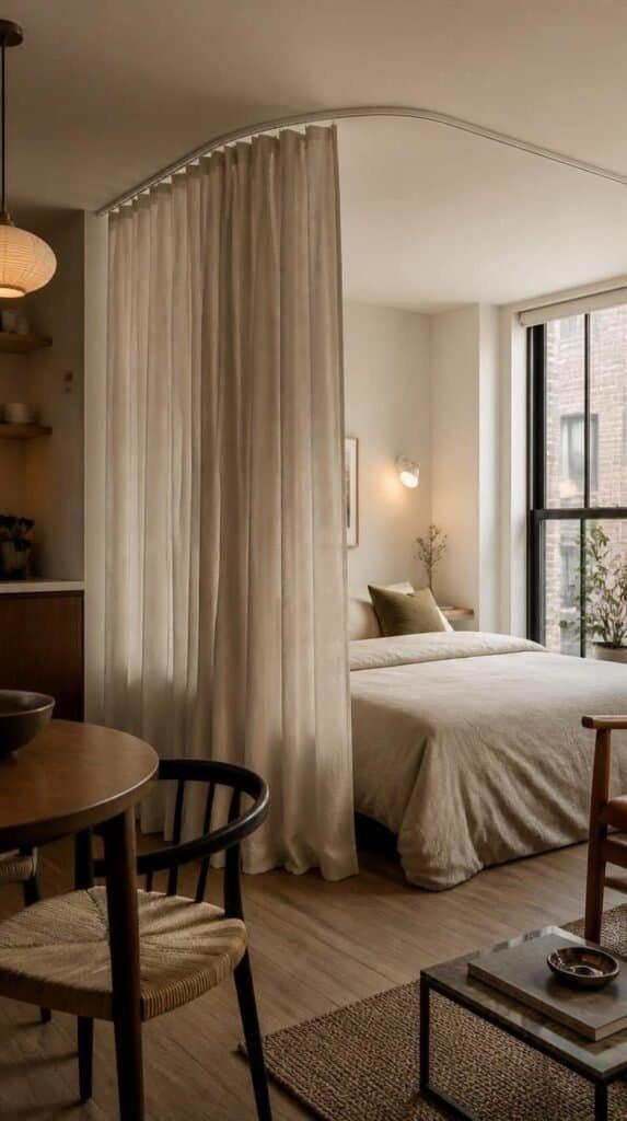 Ceiling mounted curtain track separating a bed area in a studio apartment