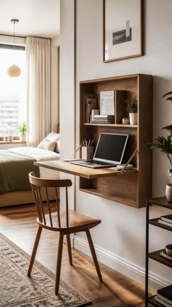 Fold-down wall mounted desk open in a studio apartment