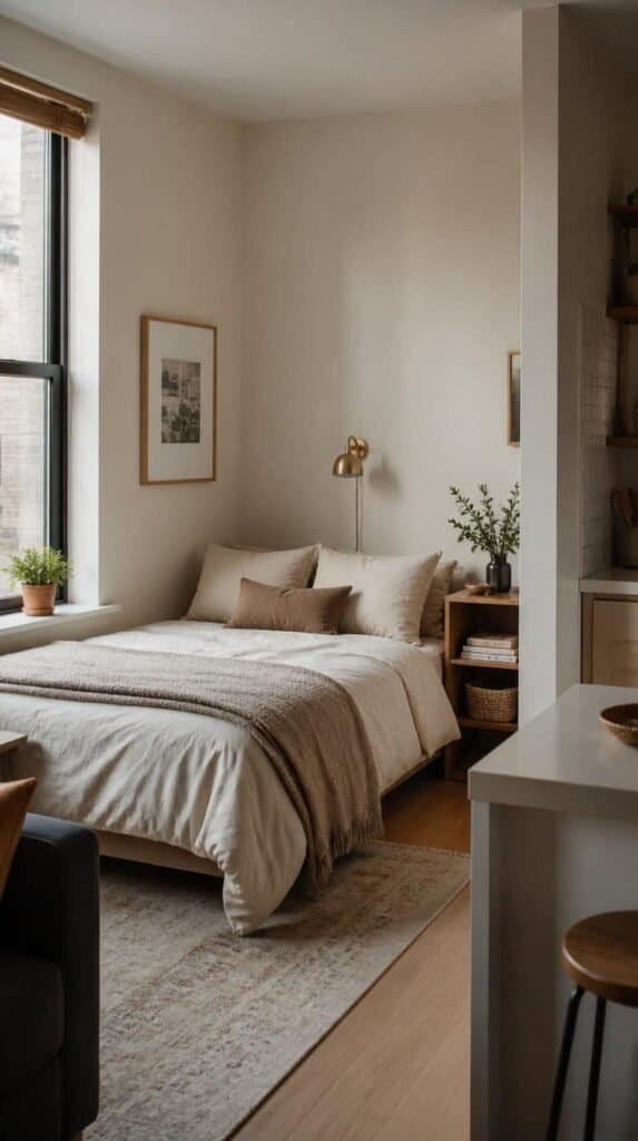 Bed placed in the corner of a studio apartment room