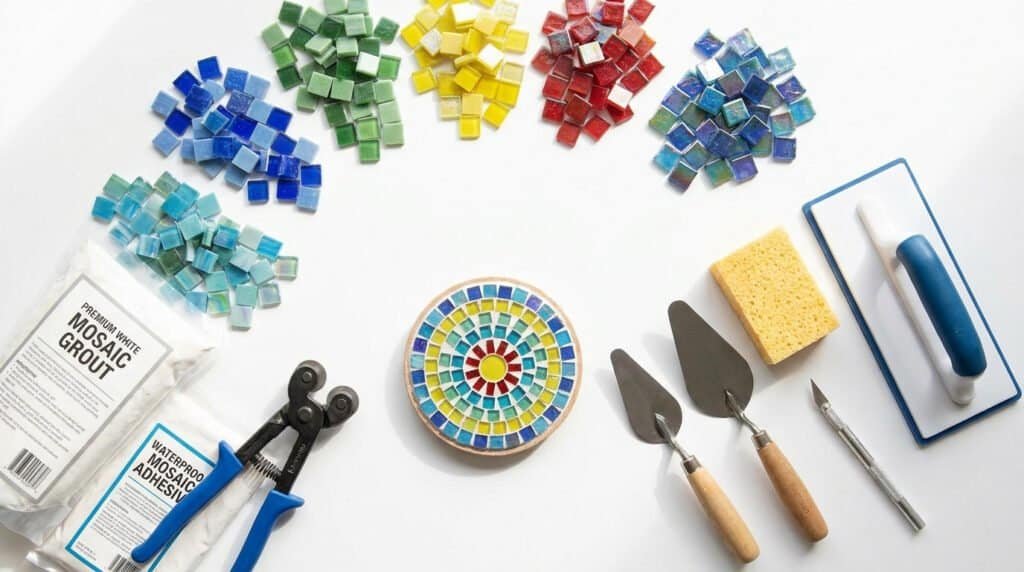 flat lay of glass mosaic tile craft supplies including colorful tiles grout adhesive and tools on a white work surface