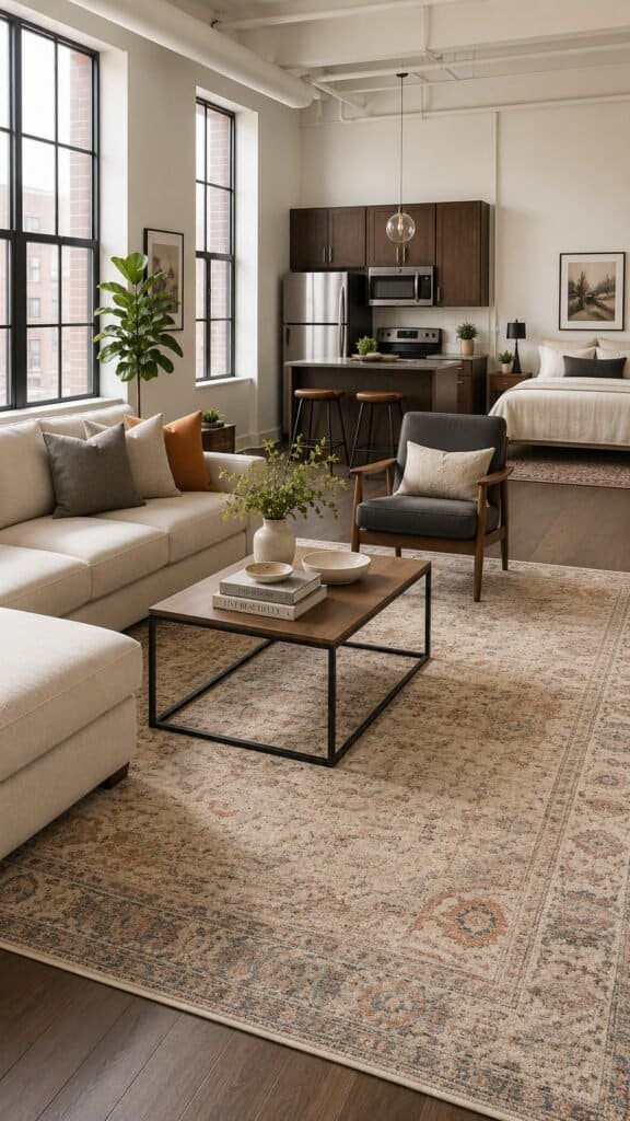 Large area rug anchoring a living room seating area in a studio apartment